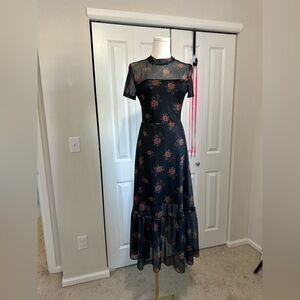 Black Floral Mesh Maxi Dress with Rose Print